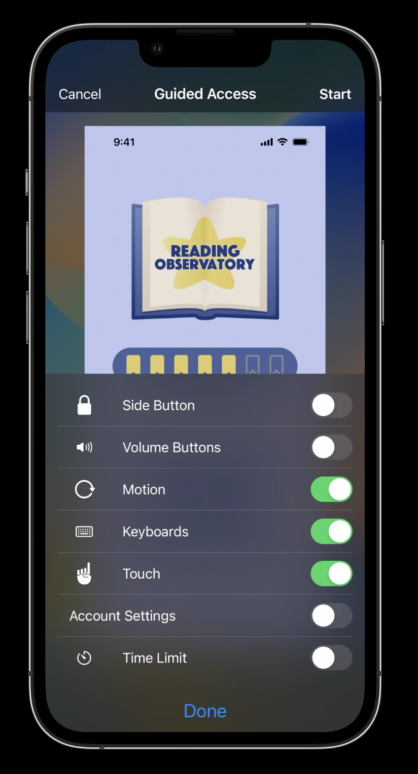 Reading Observatory app on iPhone. Guided Access overlay is showing over the app. The Account Settings switch has been turned off