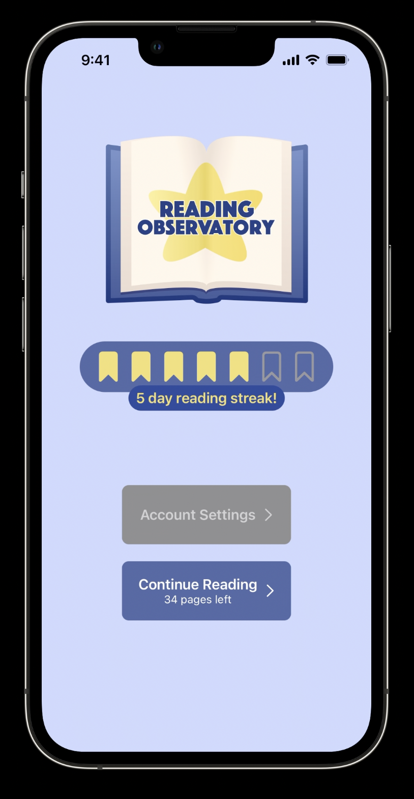 Reading Observatory app on iPhone. The Account Settings button is not longer able to be interacted with, as it is grayed-out.