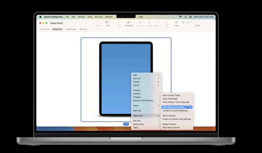 Starting Single App Mode on a supervised device Mac laptop showing Apple Configurator software. Users has selected a supervised iPad and a menu is showing where they’ve navigated to Advanced, then Start Single App Mode.