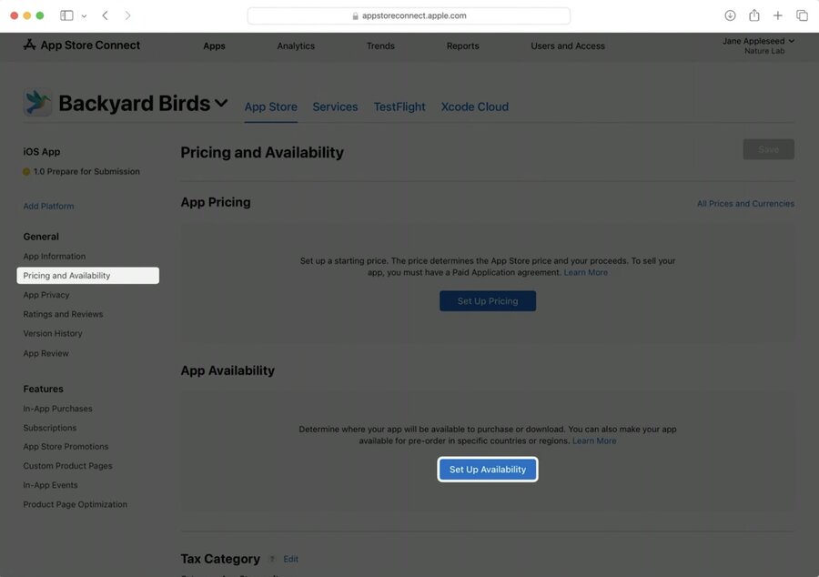 App Store Connect with Set Up Availability button