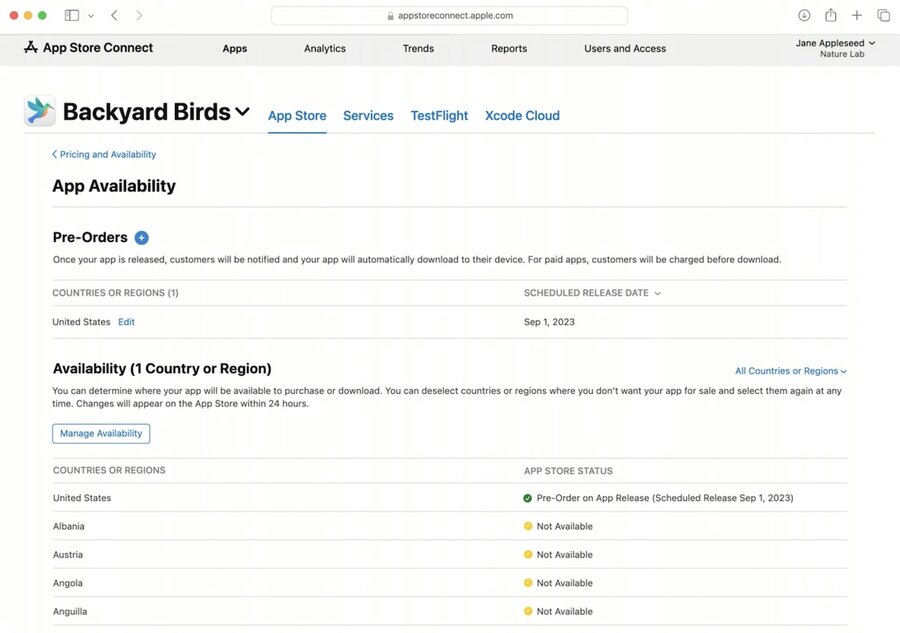 App Store Status list and option to manage availability
