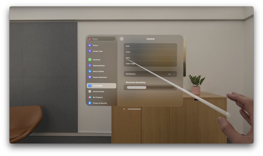 Pointer Control accessibility feature settings with wrist selected as option