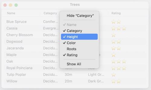 Image showing the column hiding menu UI