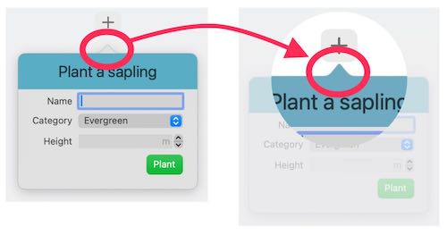 An image showing how full size content expands into a popover’s chevron