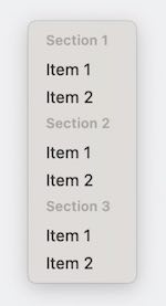 A menu containing section headers