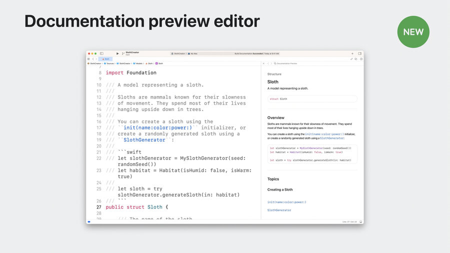 Xcode 15’s Documentation Preview, with code on the left that’s documented and the rigth is a preview of what that documentation will look like rendered with DocC