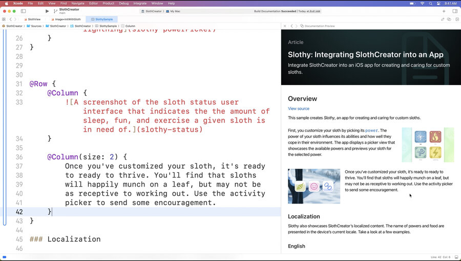 Swift Documentation code on the left for a row with two columns, and the right shows the rendered version that row.