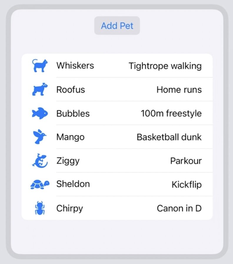 An \"Add Pet\" button centered over a List of pets