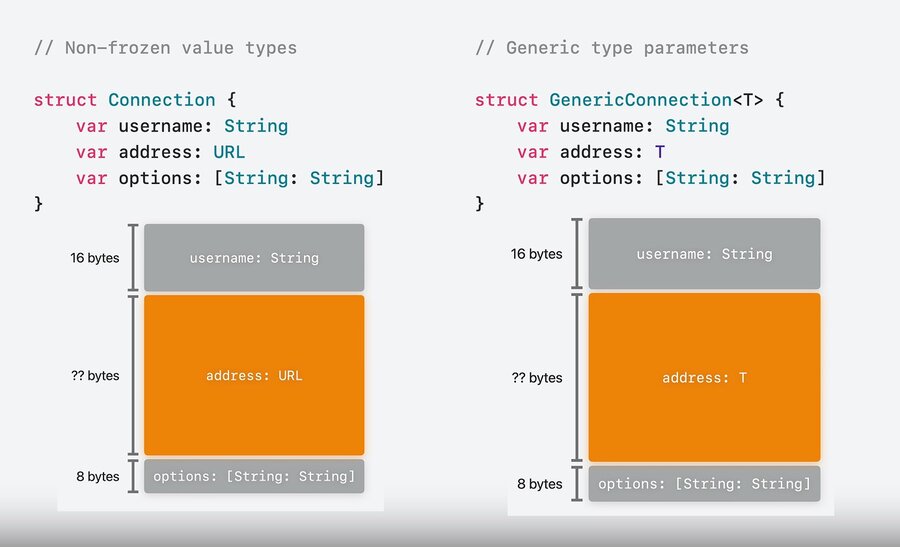 A struct whose stored properties include a dynamically-sized type, laid out at runtime
