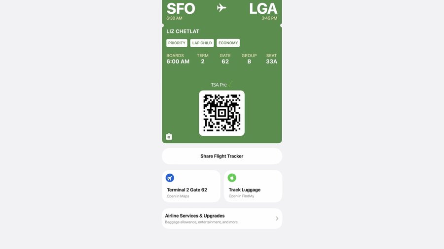 Boarding passs actions: Maps, find luggage, airline services