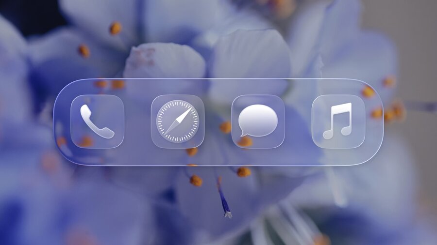 App icons in monochrome glass light variant showing translucent layering