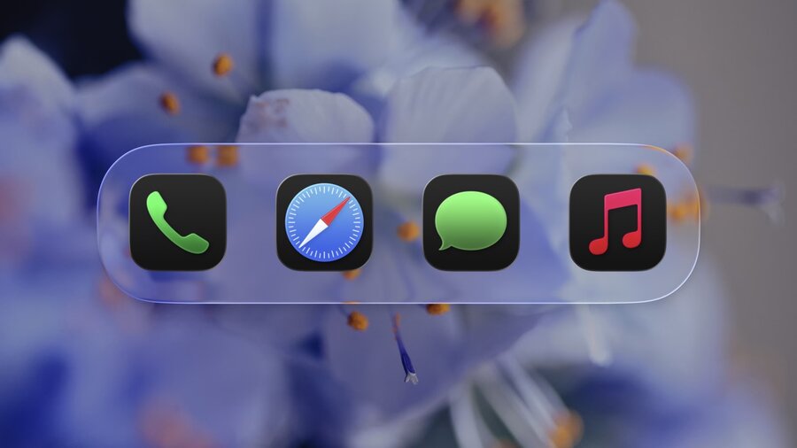 Collection of app icons displayed in dark mode with liquid glass effects
