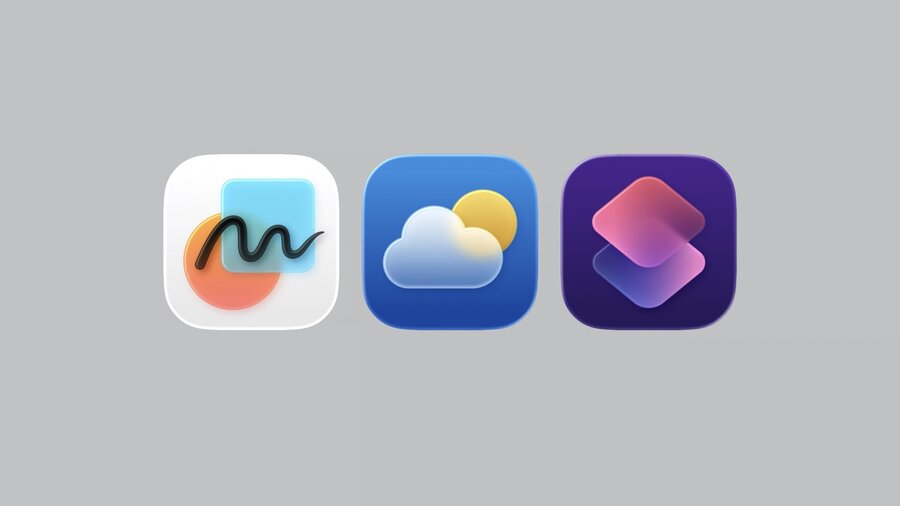 Freeform, Weather, and Shortcuts app icons demonstrating translucency and blur effects