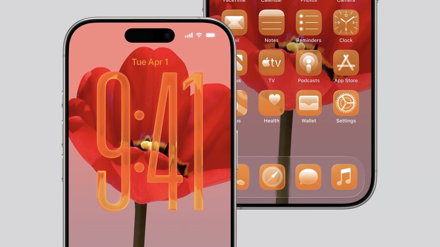 iPhone homescreen displaying app icons with the new liquid glass appearance and material effects