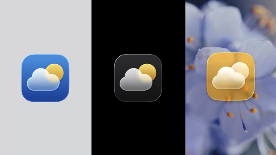 Weather app icon in different appearance modes showing translucency applied across variants