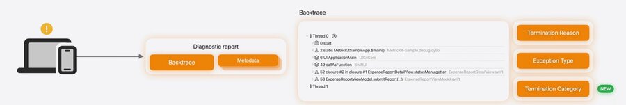 A crash diagnostic with a backtrace, termination reason, and termination category