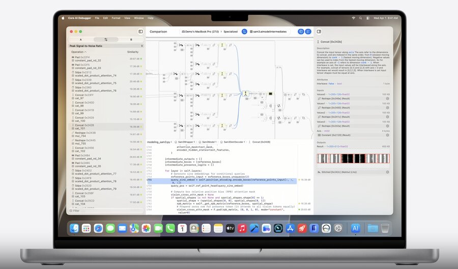 The Core AI Debugger inspecting a converted model's numerics