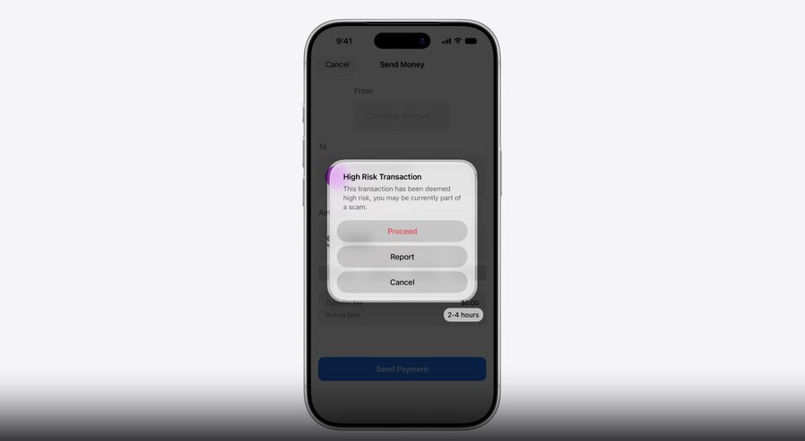 A High Risk Transaction alert warning the user of a possible scam
