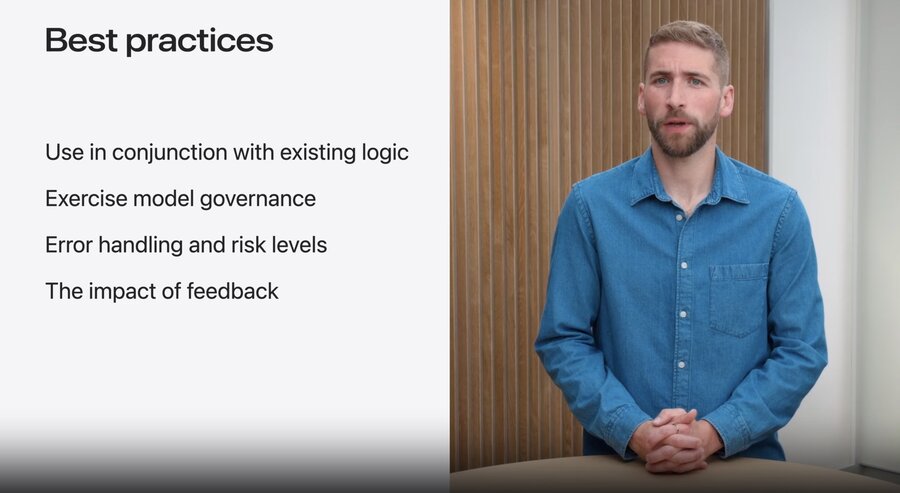 Slide listing best practices: combine with existing logic, model governance, error handling and risk levels, and feedback