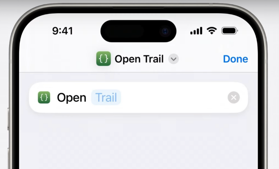 The Shortcuts app with an intent open that uses parameter summaries showing the text 'Open Trail' with Trail being a selectable box
