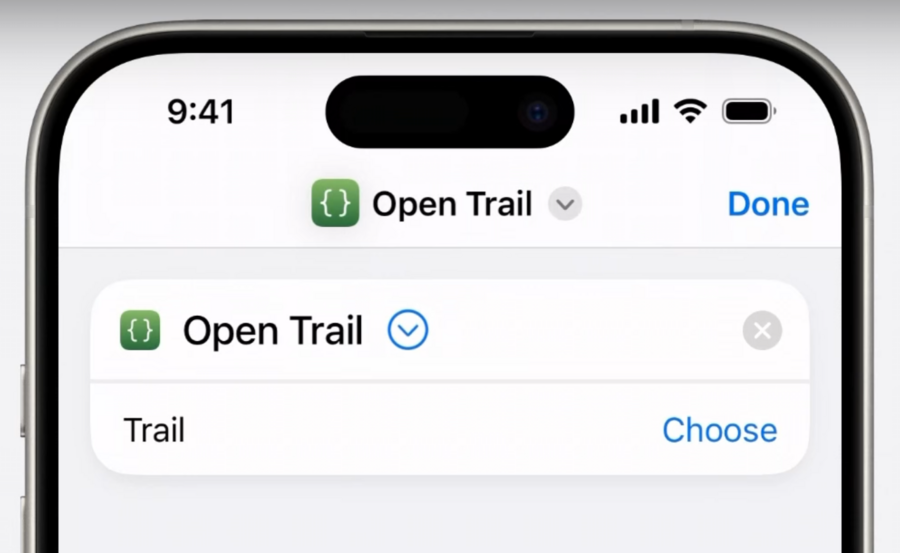 The Shortcuts app with an intent open that doesn't use parameter summaries showing the text 'Open Trail' with a disclosure indicator
