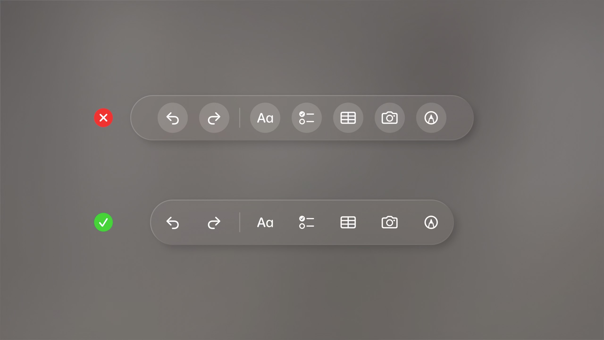 Don't: Add border around icons in ornaments, Do: use borderless buttons in ornaments