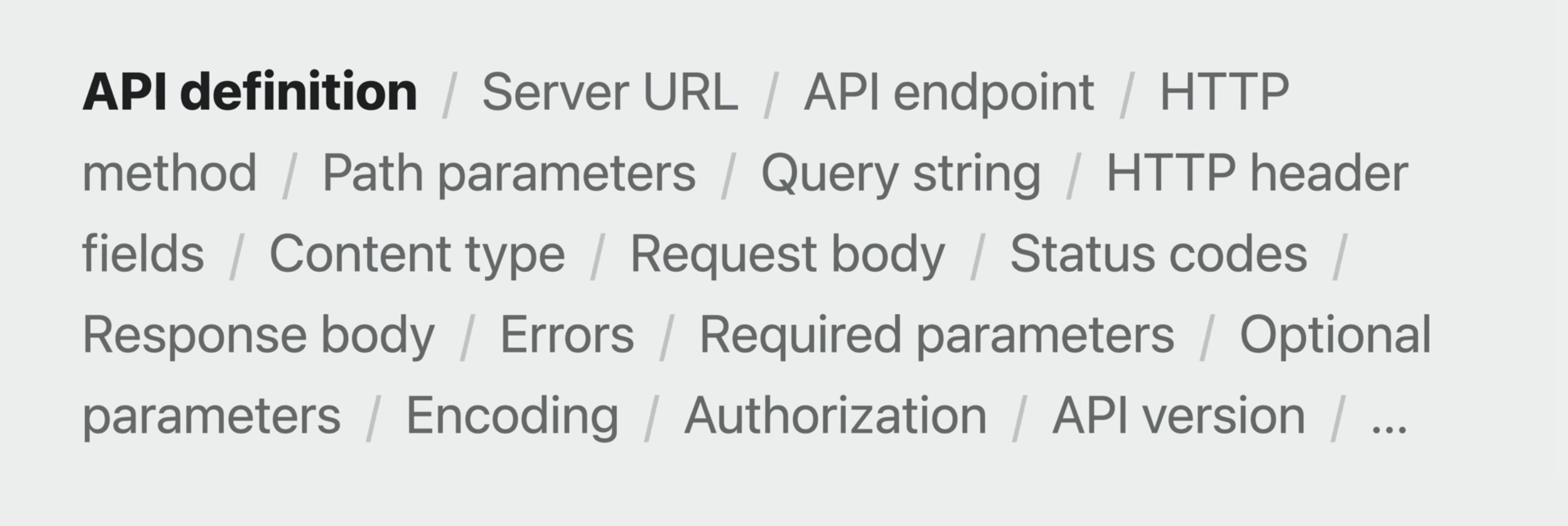 API definition: Serve URL, API endpoint, HTTP method, Path parameters, Query string, HTTP header fields, Content type, Request body, Status codes, Response body, Errors, Required parameters, Optional parameters, Encoding, Authorization, API version, ...