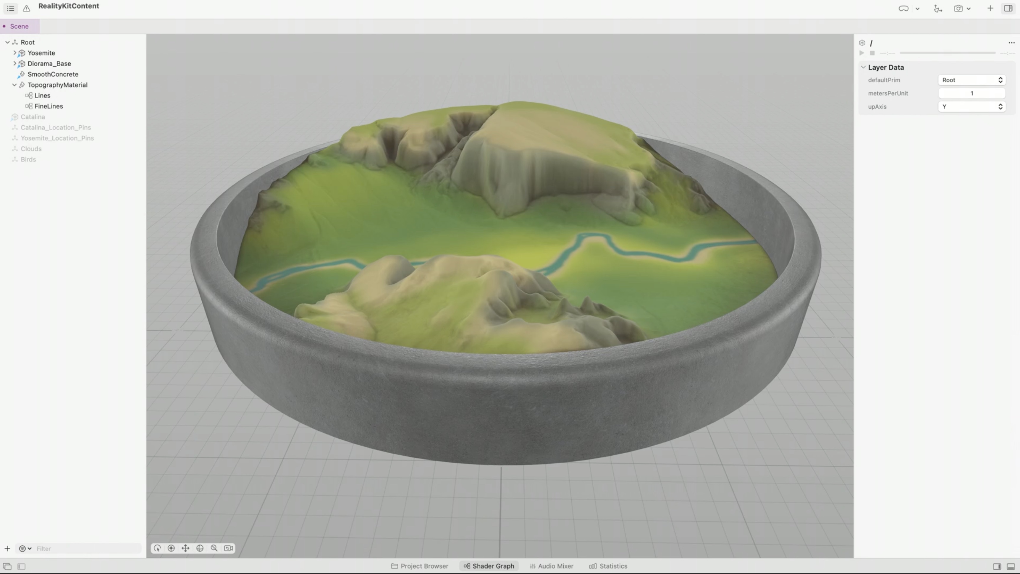 the Yosemite Valley model in Reality Composer Pro