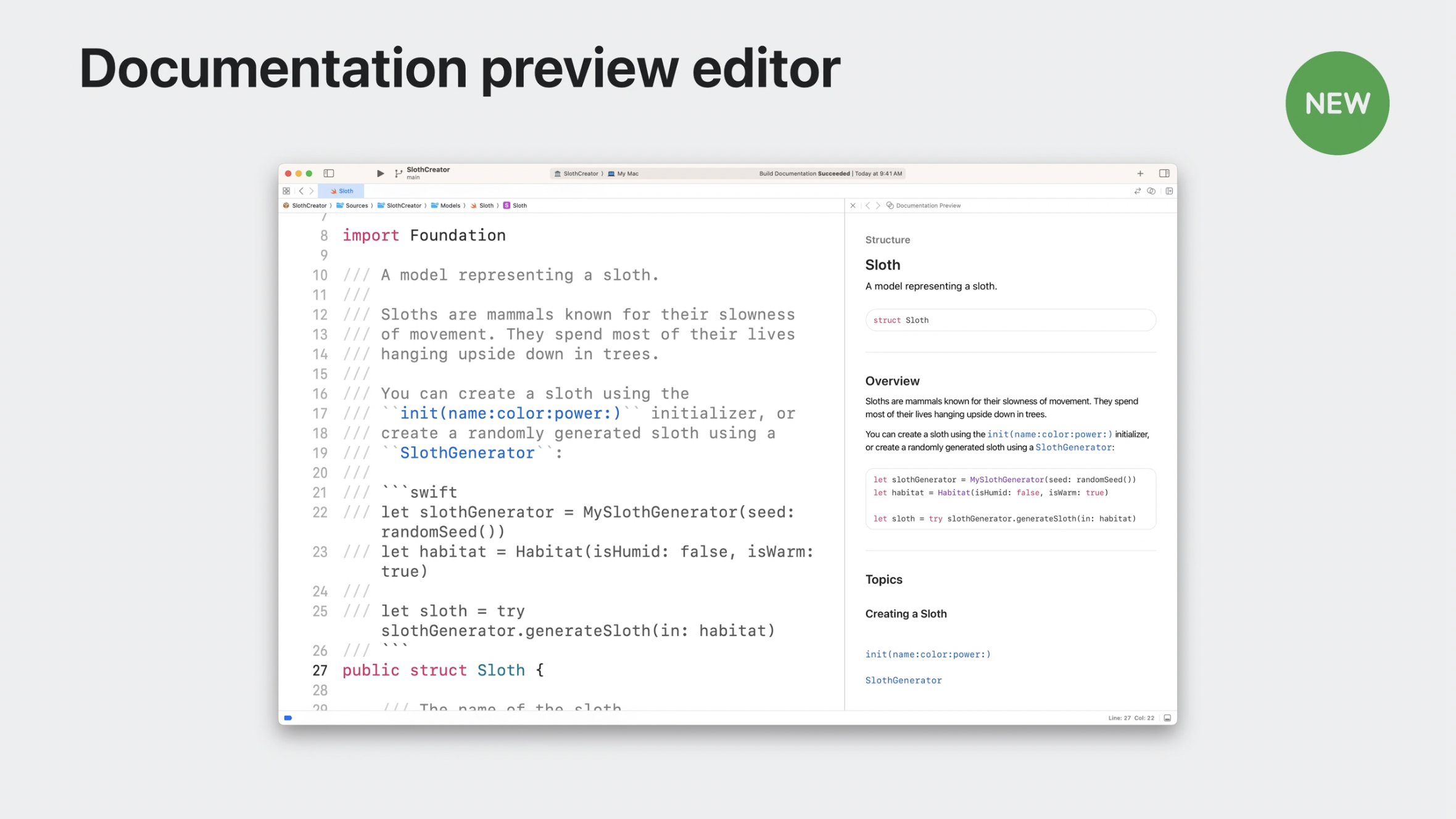 Xcode 15's Documentation Preview, with code on the left that's documented and the rigth is a preview of what that documentation will look like rendered with DocC