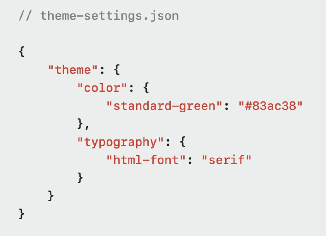 Examples <code>theme-settings.json</code> file with custom color and typography.