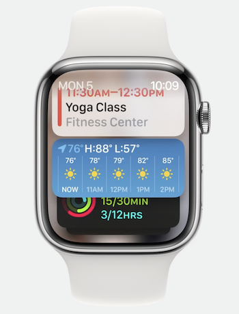 Apple Watch showing a stack of widgets being scrolled